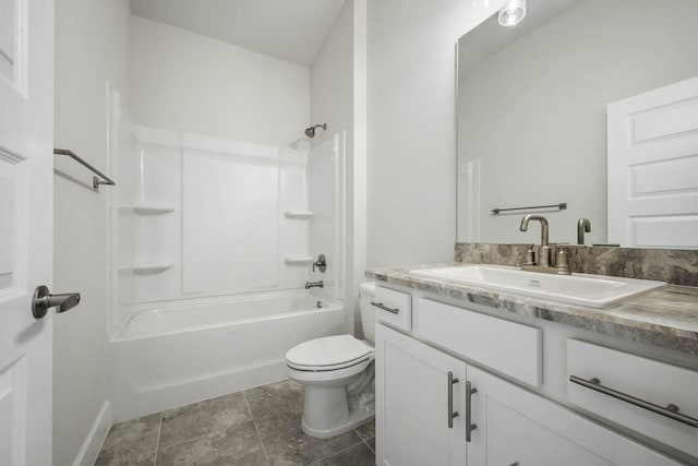 full bathroom with tile patterned flooring, vanity,  shower combination, and toilet