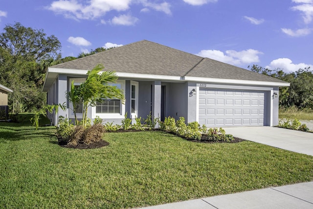 ranch-style home with a front yard, central AC, and a garage