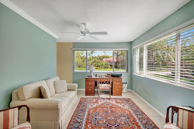 tiled home office with ornamental molding and ceiling fan