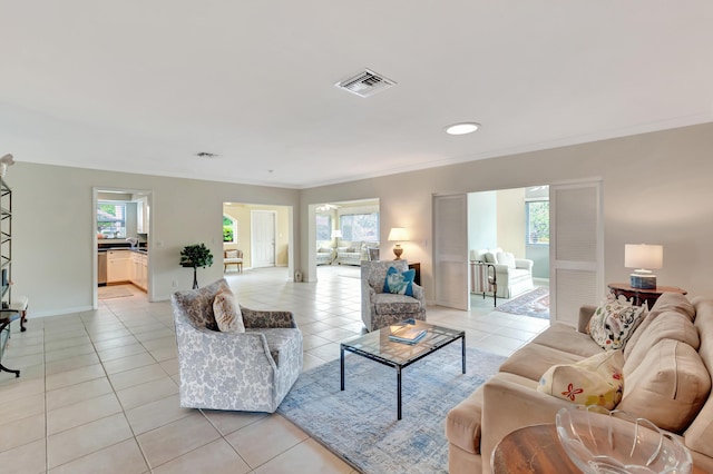 tiled living room featuring crown molding and a healthy amount of sunlight