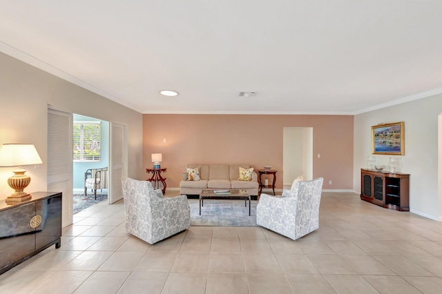 tiled living room featuring ornamental molding