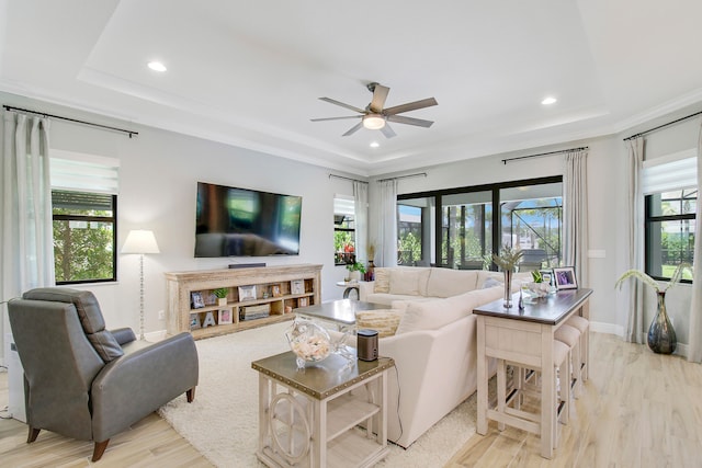 living room featuring a tray ceiling, ceiling fan, and light hardwood / wood-style flooring