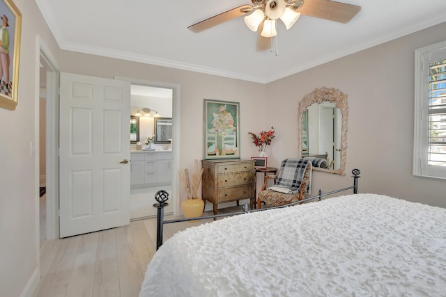 bedroom with ensuite bathroom, crown molding, sink, light hardwood / wood-style flooring, and ceiling fan