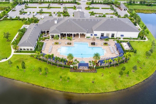 aerial view featuring a water view