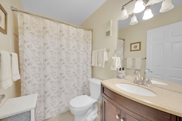 full bathroom with an inviting chandelier, vanity, visible vents, toilet, and tile patterned floors