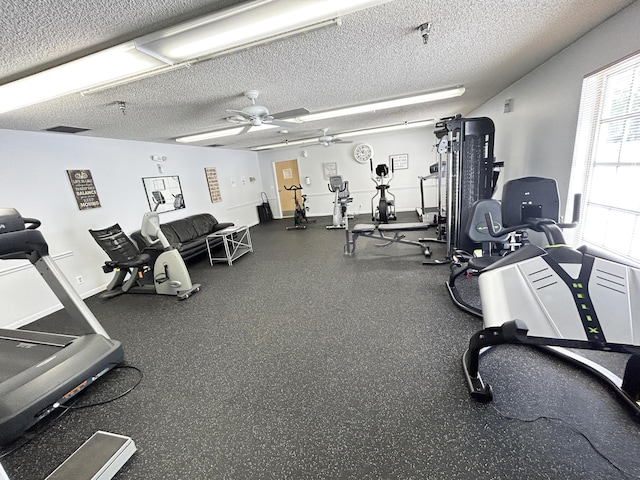 exercise room featuring a textured ceiling and a ceiling fan