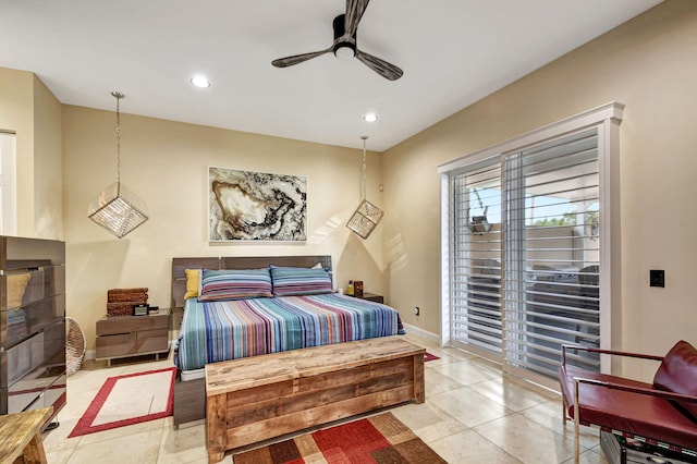 bedroom featuring ceiling fan and light tile patterned floors