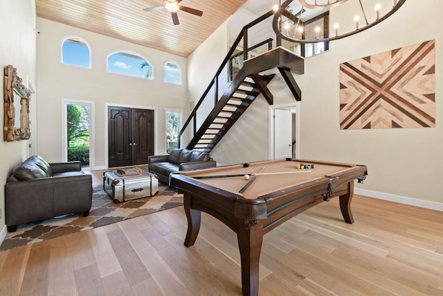 game room featuring hardwood / wood-style flooring, a high ceiling, wood ceiling, and billiards