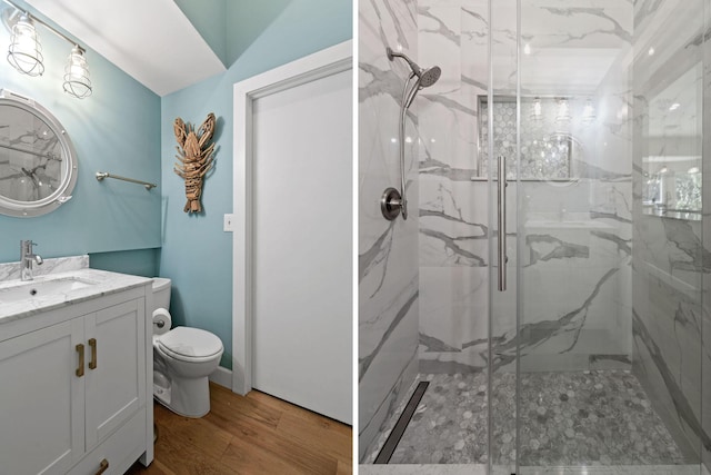 bathroom with an enclosed shower, vanity, hardwood / wood-style flooring, and toilet