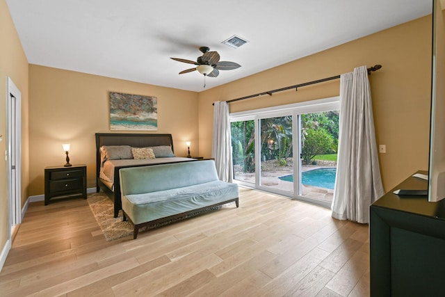 bedroom with access to outside, ceiling fan, and light wood-type flooring