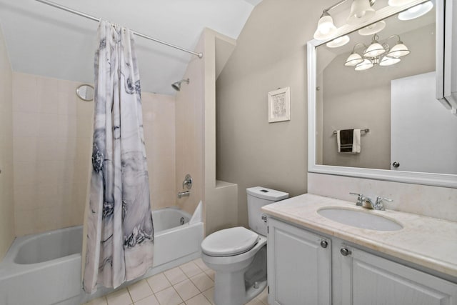 full bathroom with tile patterned floors, toilet, vaulted ceiling, vanity, and shower / bath combo with shower curtain