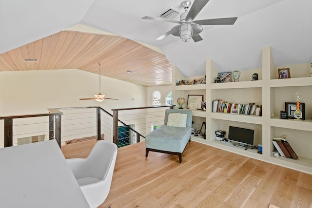 sitting room with built in features, lofted ceiling, hardwood / wood-style flooring, ceiling fan, and wood ceiling