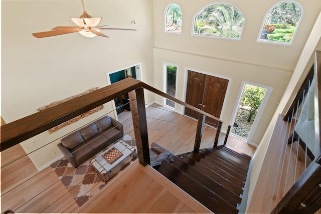 entrance foyer featuring a high ceiling, a healthy amount of sunlight, hardwood / wood-style floors, and ceiling fan