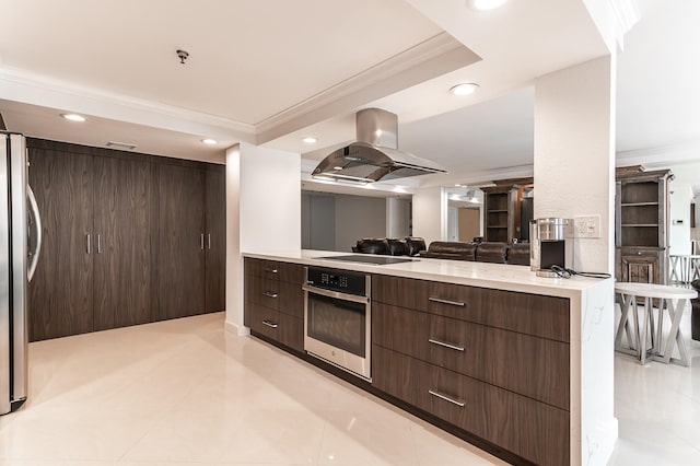 kitchen with appliances with stainless steel finishes, dark brown cabinetry, island range hood, and ornamental molding