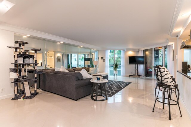 living room featuring light tile patterned flooring, ornamental molding, and a wall of windows