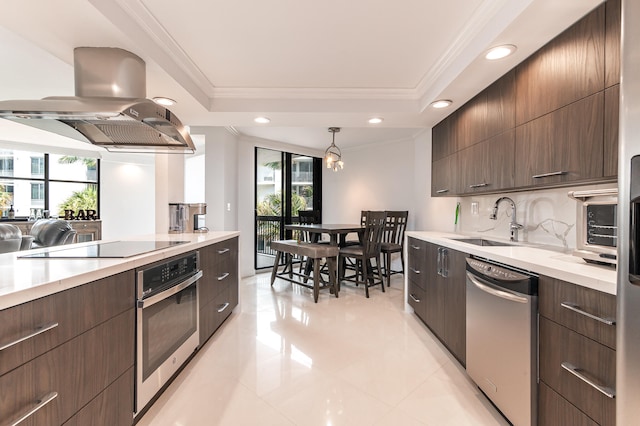 kitchen featuring appliances with stainless steel finishes, island range hood, a raised ceiling, crown molding, and sink