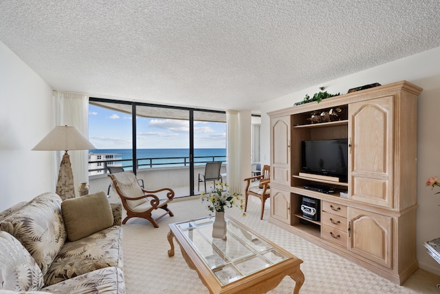 carpeted living room featuring a water view and a textured ceiling