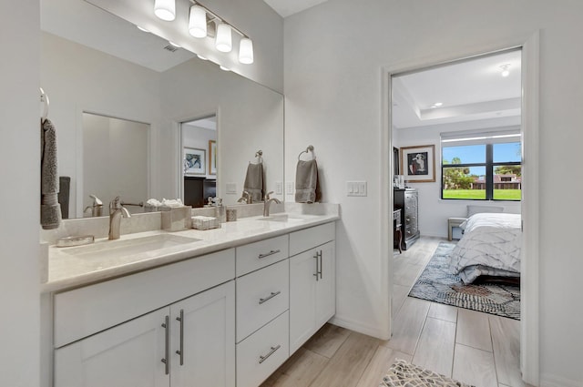 bathroom with a raised ceiling, vanity, and hardwood / wood-style flooring