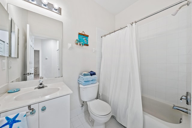 full bathroom featuring toilet, vanity, shower / tub combo with curtain, and tile patterned flooring