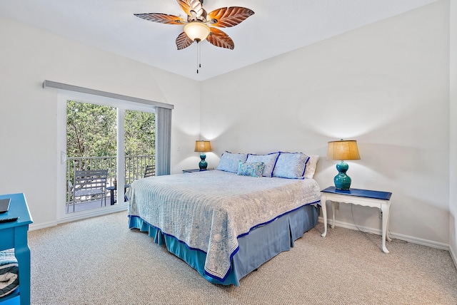 carpeted bedroom with ceiling fan and access to exterior