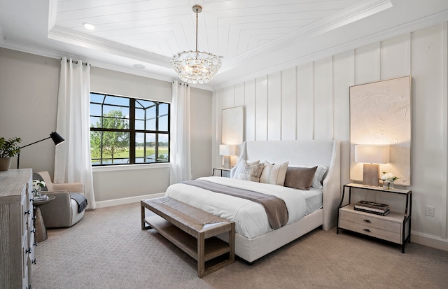 bedroom with a raised ceiling, light carpet, ornamental molding, and a notable chandelier