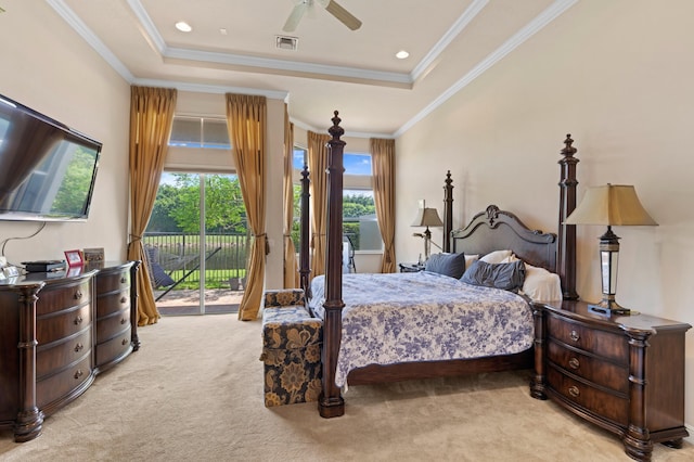 bedroom featuring ceiling fan, a raised ceiling, crown molding, and access to outside