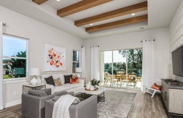 living room with hardwood / wood-style flooring and beamed ceiling