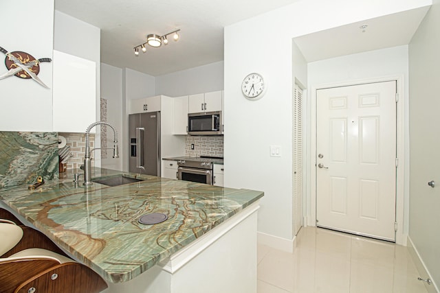 kitchen with backsplash, white cabinets, sink, kitchen peninsula, and stainless steel appliances