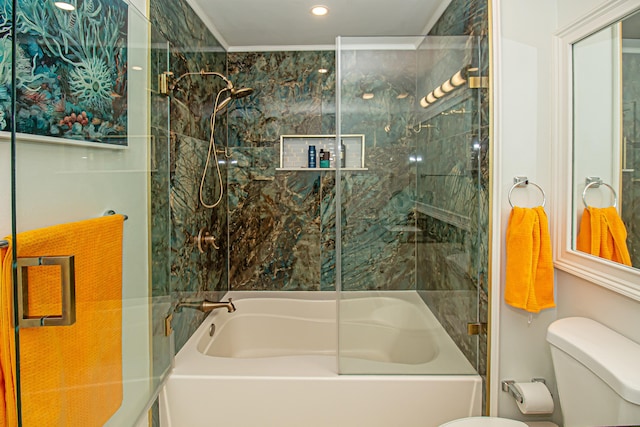 bathroom featuring toilet, shower / bathtub combination, and ornamental molding