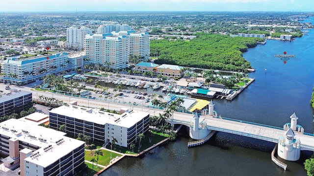 birds eye view of property featuring a water view