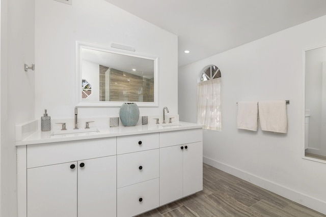 bathroom with a shower and vanity