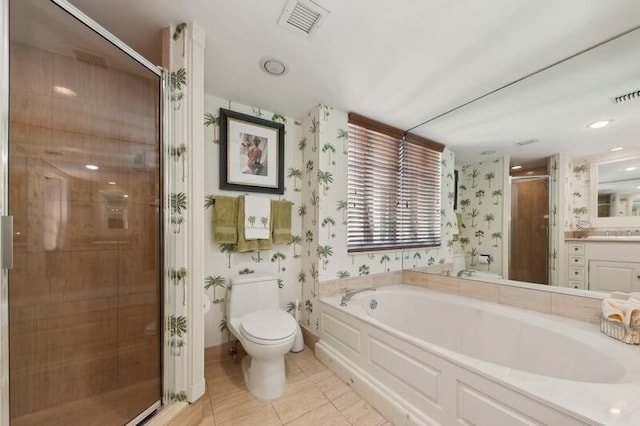 full bathroom with vanity, plus walk in shower, tile patterned flooring, and toilet