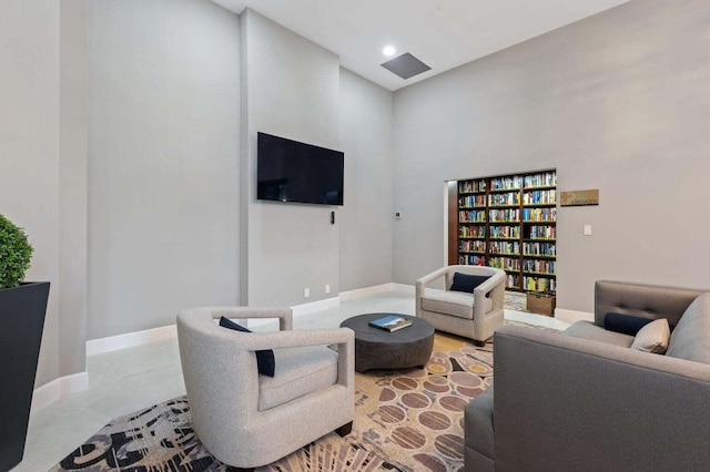 living room with a high ceiling