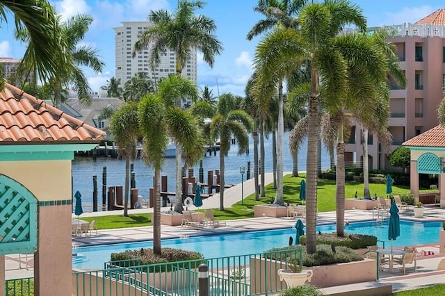 view of pool featuring a water view