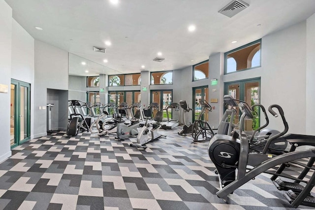 workout area featuring french doors and a high ceiling