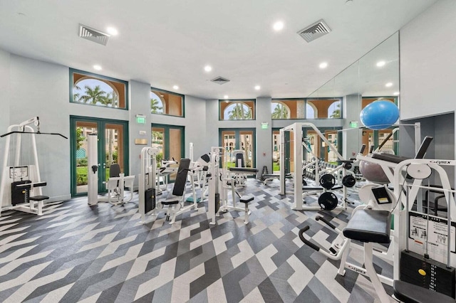 workout area featuring carpet floors and french doors