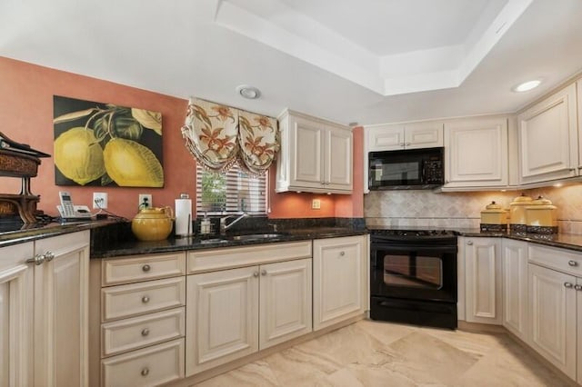 kitchen with tasteful backsplash, light tile patterned floors, dark stone countertops, electric range, and a raised ceiling