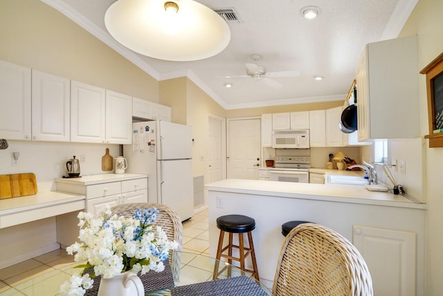 kitchen featuring white cabinetry, ornamental molding, sink, and white appliances