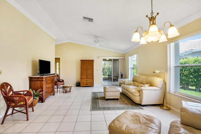 living room with light tile patterned floors, ceiling fan with notable chandelier, vaulted ceiling, and ornamental molding