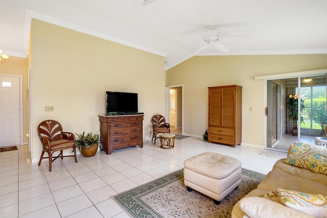 tiled living room featuring ceiling fan, ornamental molding, and lofted ceiling