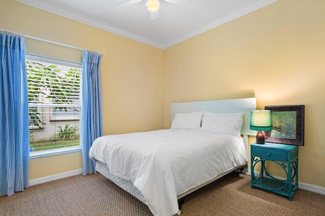 bedroom with ceiling fan, carpet, and ornamental molding