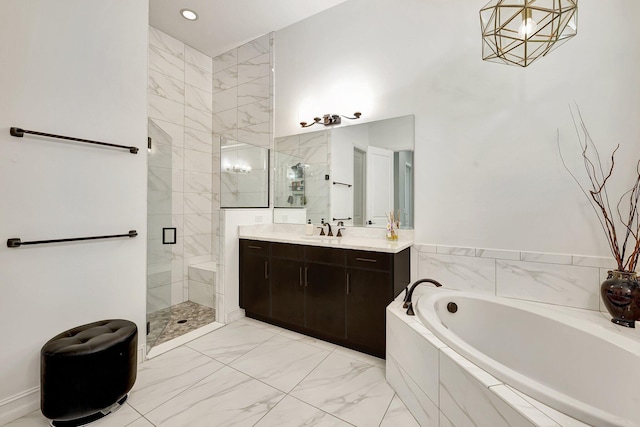 bathroom featuring vanity and plus walk in shower