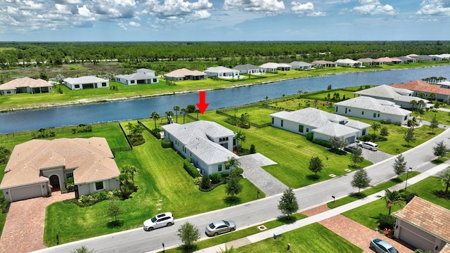 drone / aerial view featuring a water view