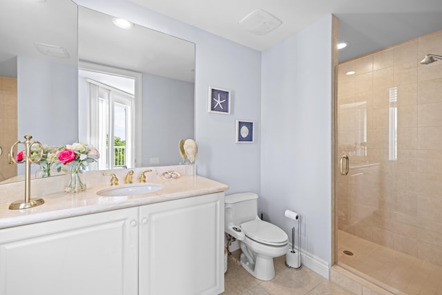 bathroom with tile patterned flooring, vanity, toilet, and walk in shower