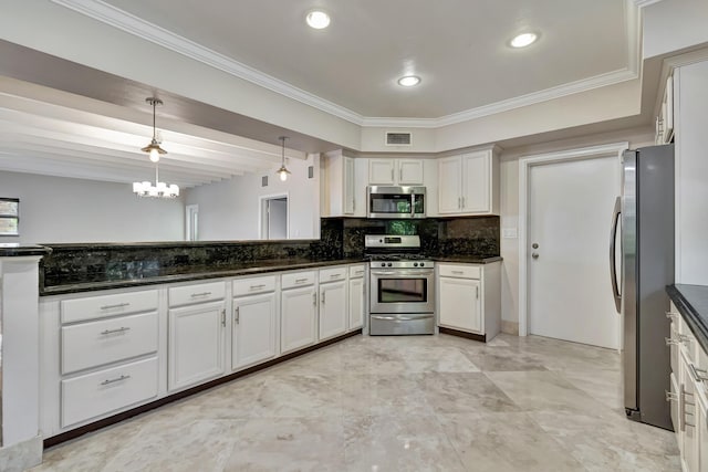 kitchen featuring appliances with stainless steel finishes, pendant lighting, tasteful backsplash, white cabinets, and crown molding