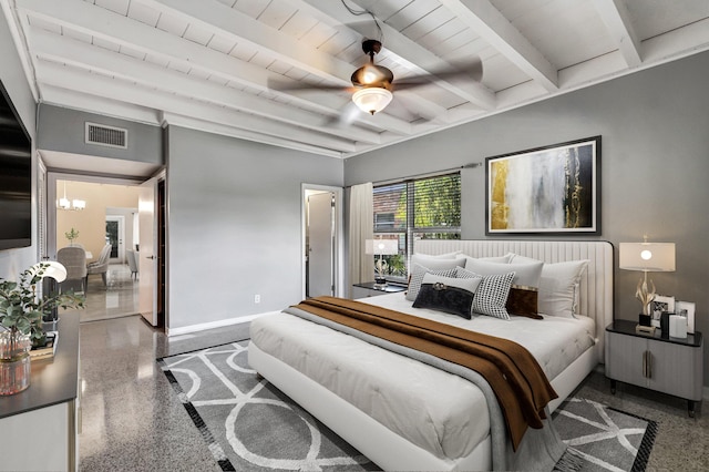 bedroom featuring beamed ceiling, wood ceiling, and ceiling fan with notable chandelier