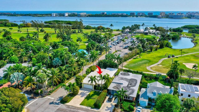 drone / aerial view featuring a water view