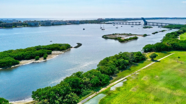 drone / aerial view with a water view