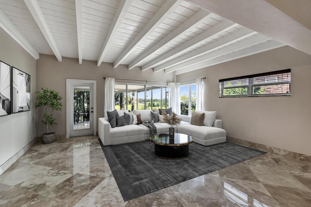 living room with wood ceiling and beamed ceiling