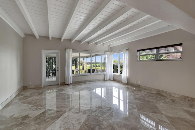 unfurnished room with wood ceiling and beam ceiling